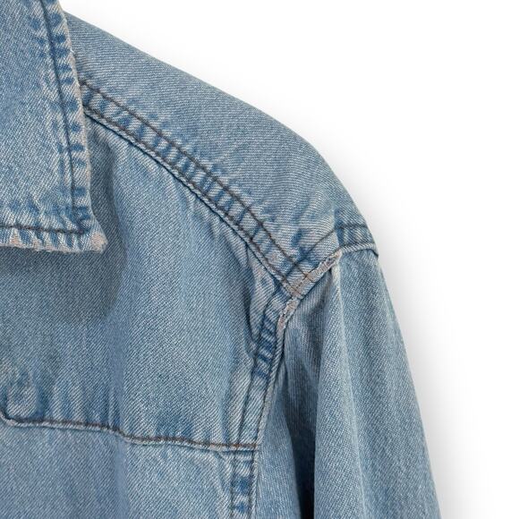 Wrangler 90s VTG Distressed Pearl Snap Denim Shirt Mens L Western Long Sleeve - Picture 8 of 16